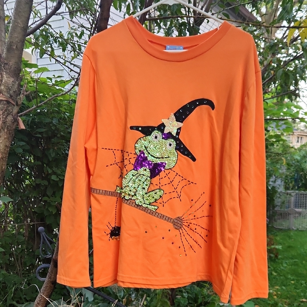 Cre8ions, Women's Fun Halloween, Sequins Beaded, Witch Frog Shirt Sz XL